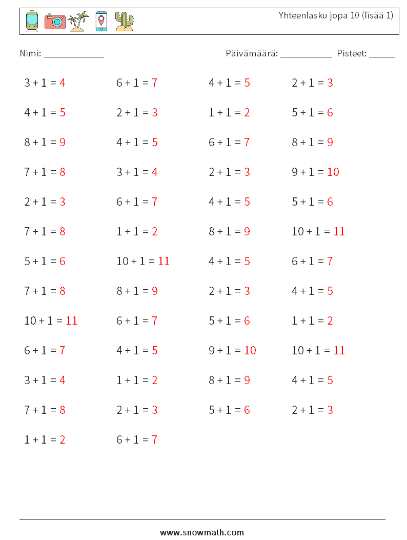 (50) Yhteenlasku jopa 10 (lisää 1) Matematiikan laskentataulukot 6 Kysymys, vastaus