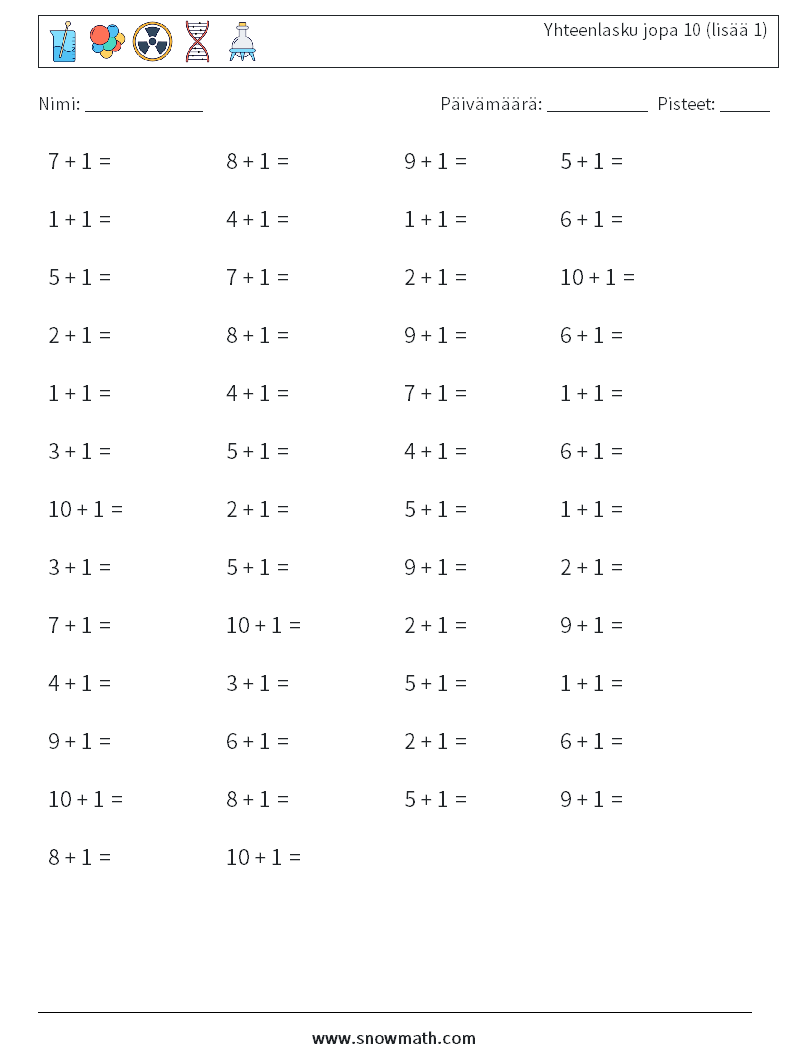 (50) Yhteenlasku jopa 10 (lisää 1) Matematiikan laskentataulukot 7