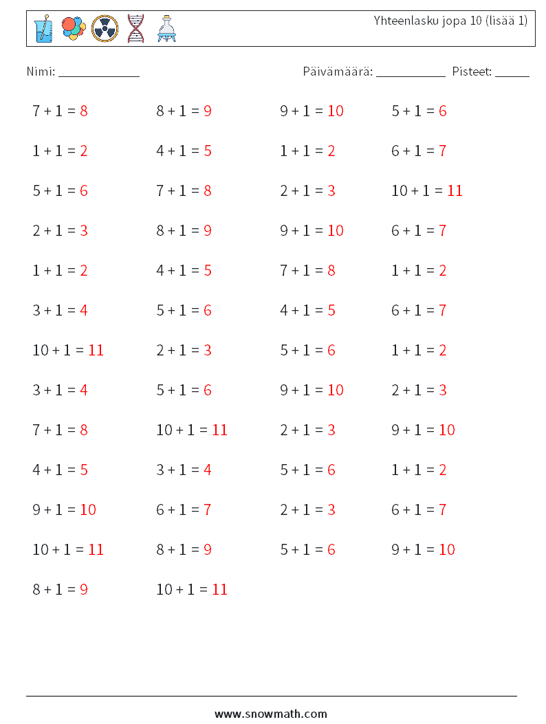 (50) Yhteenlasku jopa 10 (lisää 1) Matematiikan laskentataulukot 7 Kysymys, vastaus
