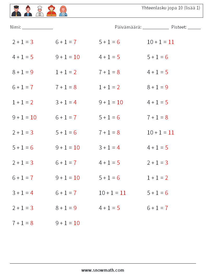 (50) Yhteenlasku jopa 10 (lisää 1) Matematiikan laskentataulukot 8 Kysymys, vastaus