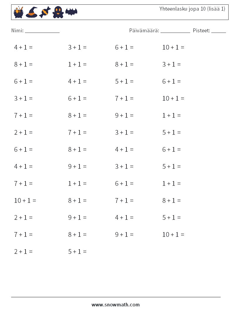 (50) Yhteenlasku jopa 10 (lisää 1) Matematiikan laskentataulukot 9