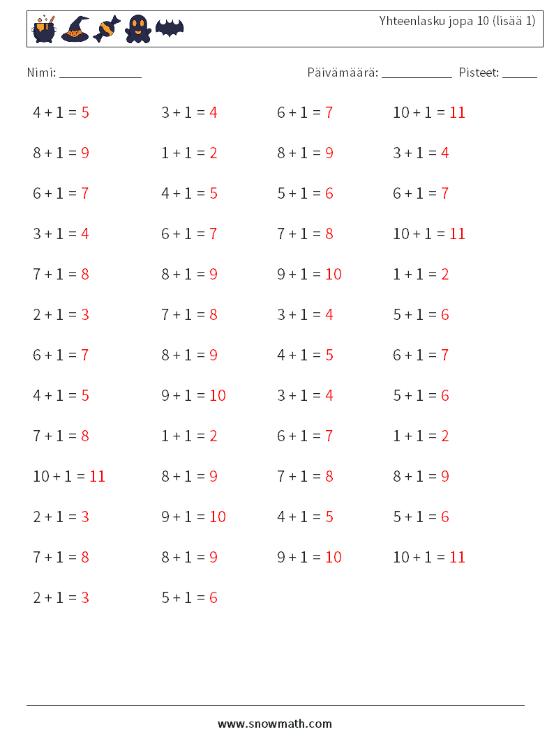 (50) Yhteenlasku jopa 10 (lisää 1) Matematiikan laskentataulukot 9 Kysymys, vastaus