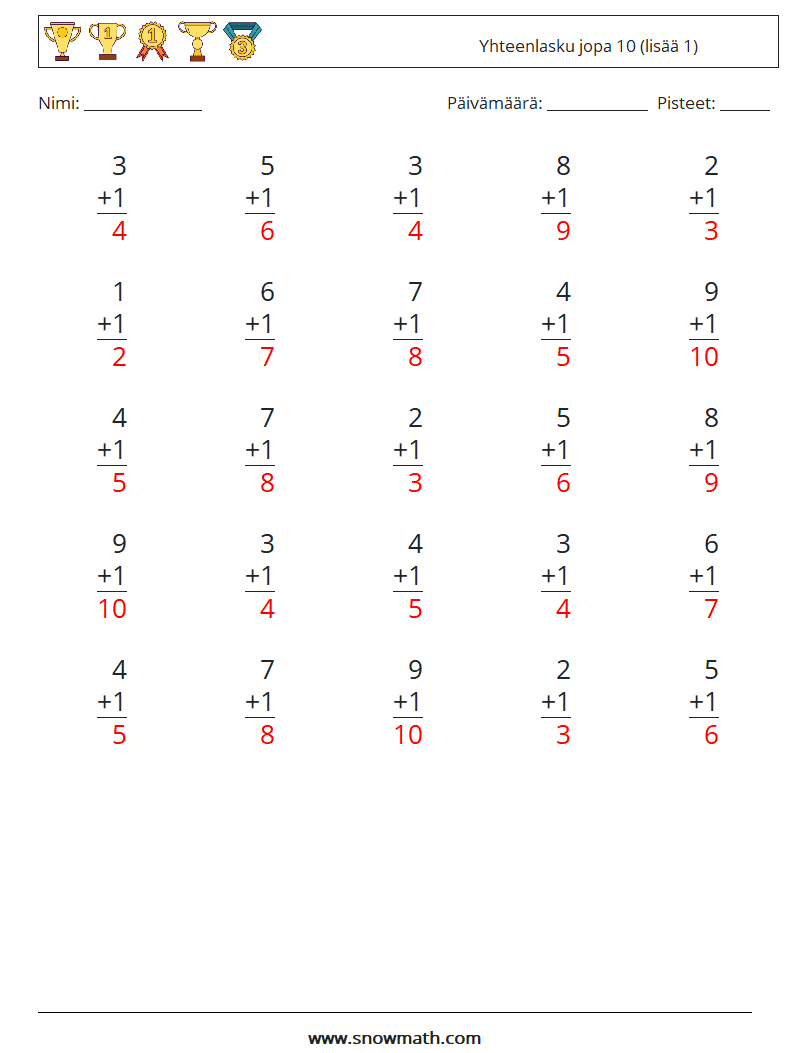 (25) Yhteenlasku jopa 10 (lisää 1) Matematiikan laskentataulukot 1 Kysymys, vastaus