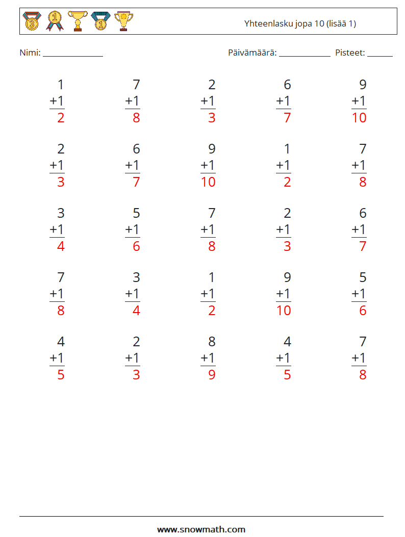 (25) Yhteenlasku jopa 10 (lisää 1) Matematiikan laskentataulukot 2 Kysymys, vastaus