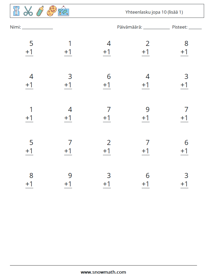 (25) Yhteenlasku jopa 10 (lisää 1) Matematiikan laskentataulukot 3