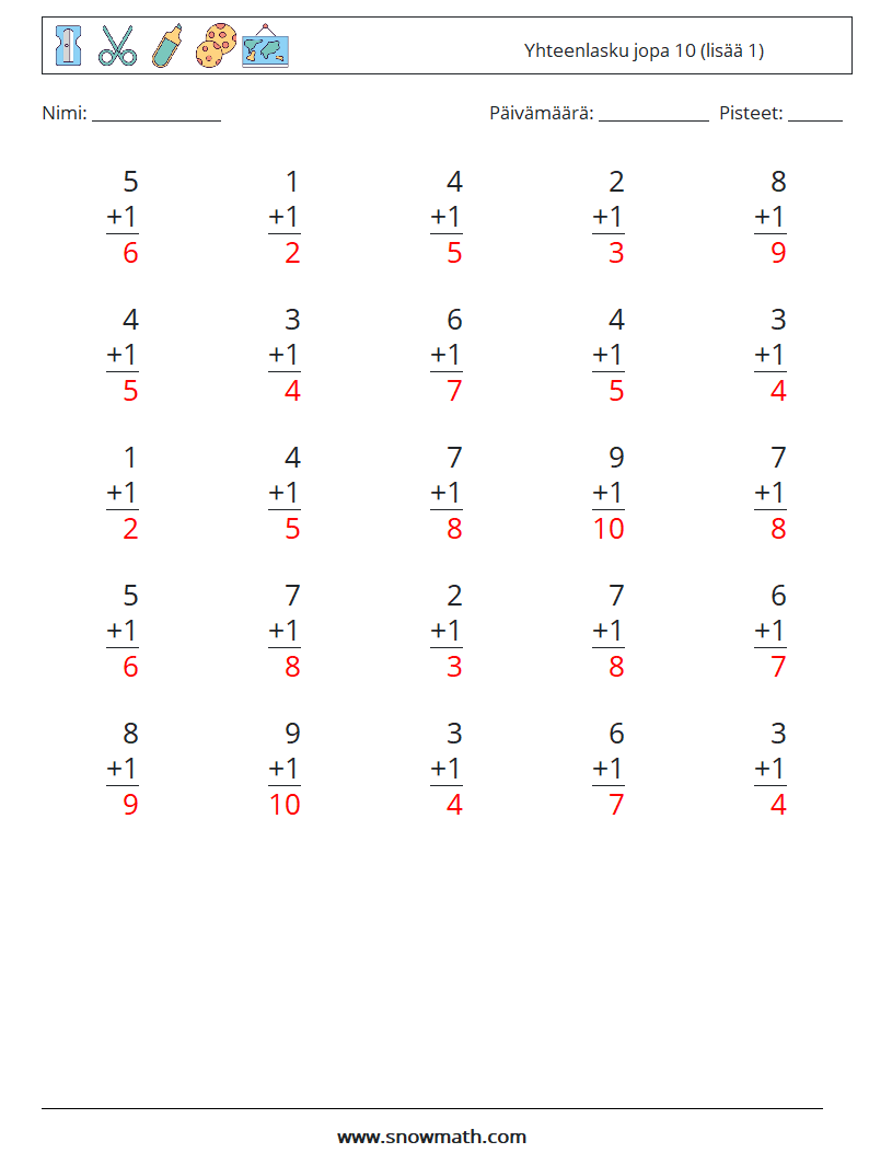 (25) Yhteenlasku jopa 10 (lisää 1) Matematiikan laskentataulukot 3 Kysymys, vastaus