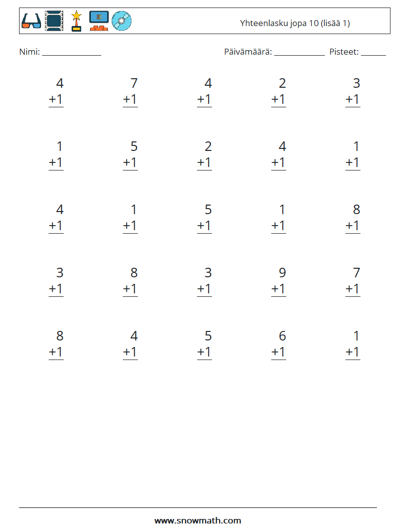 (25) Yhteenlasku jopa 10 (lisää 1) Matematiikan laskentataulukot 4