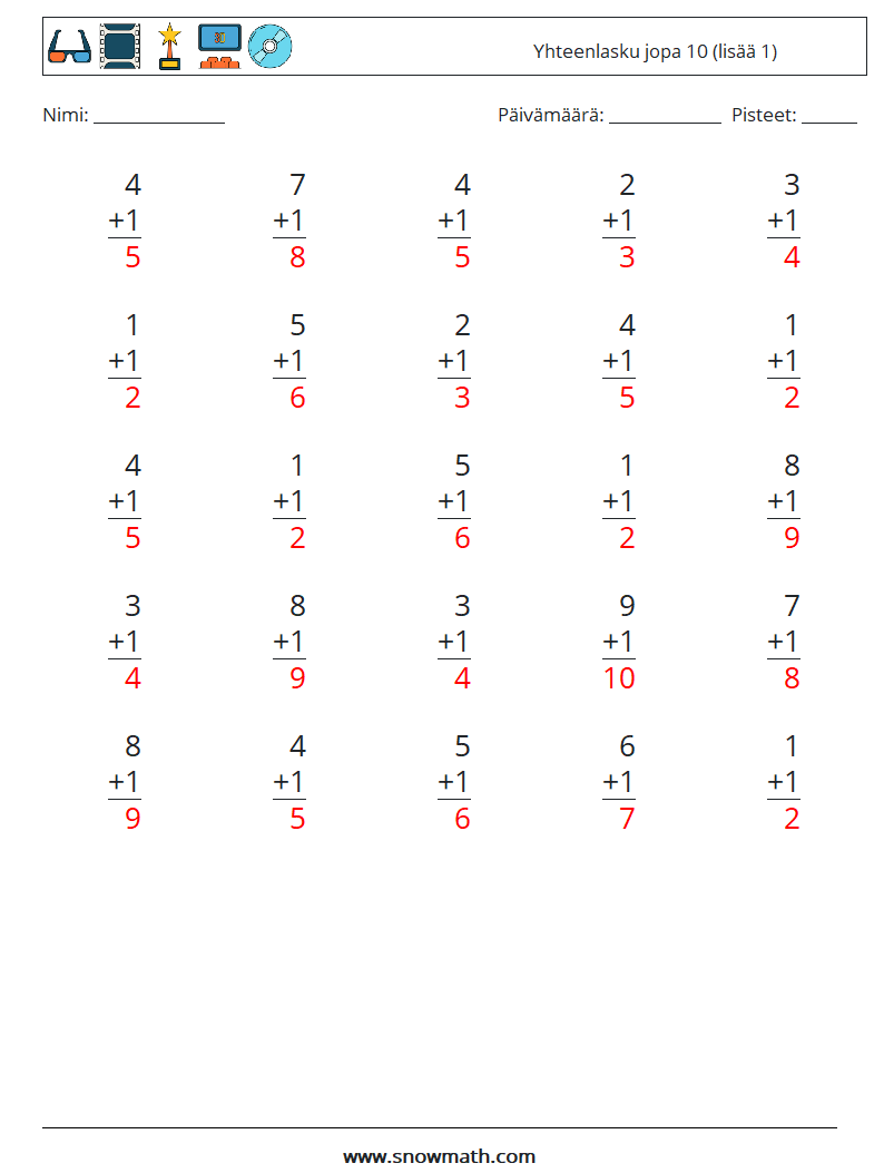 (25) Yhteenlasku jopa 10 (lisää 1) Matematiikan laskentataulukot 4 Kysymys, vastaus