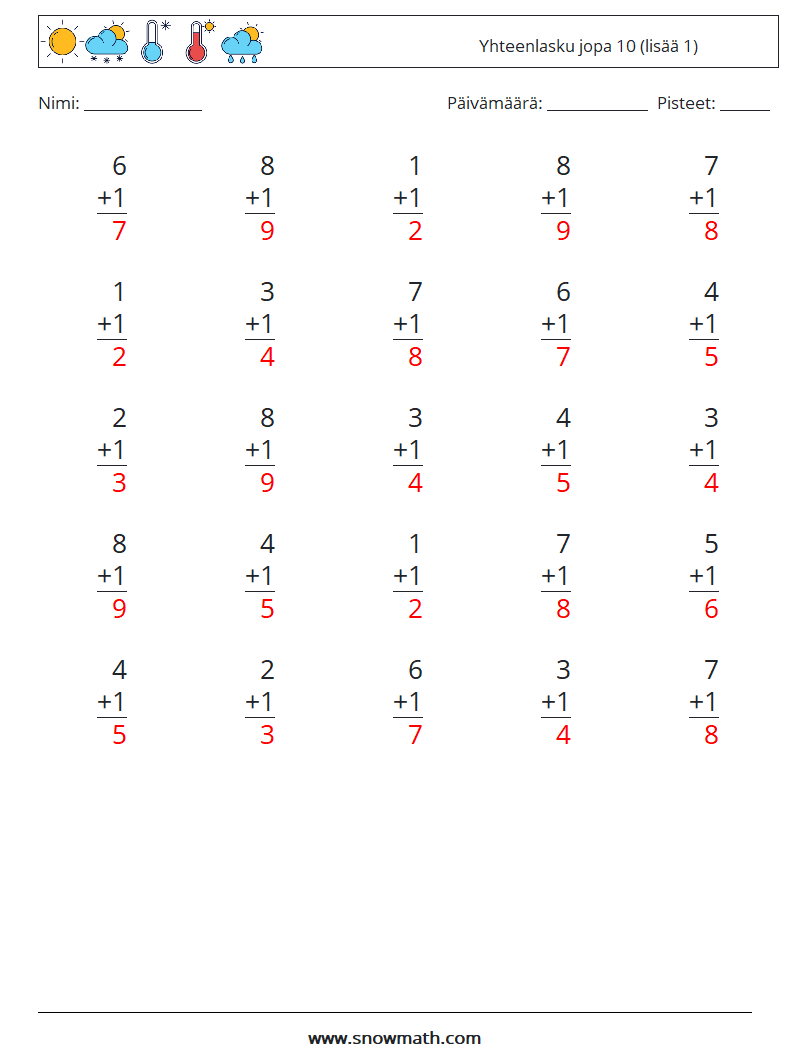 (25) Yhteenlasku jopa 10 (lisää 1) Matematiikan laskentataulukot 5 Kysymys, vastaus