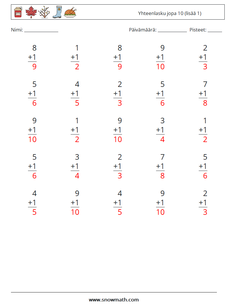 (25) Yhteenlasku jopa 10 (lisää 1) Matematiikan laskentataulukot 6 Kysymys, vastaus