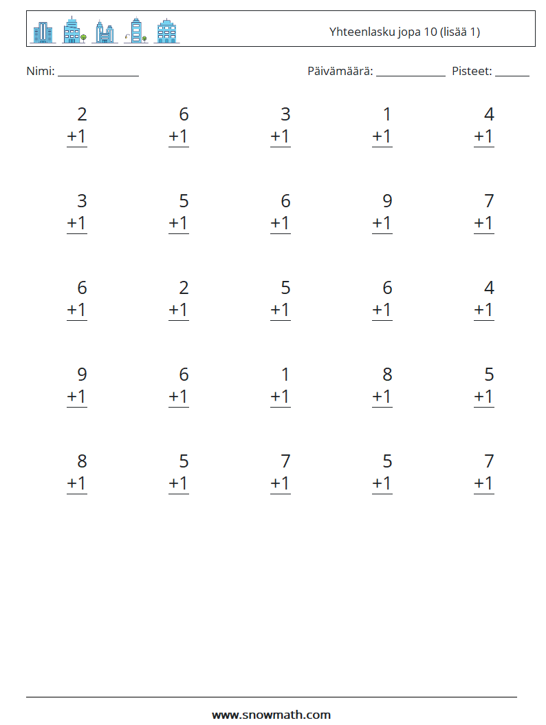 (25) Yhteenlasku jopa 10 (lisää 1) Matematiikan laskentataulukot 7