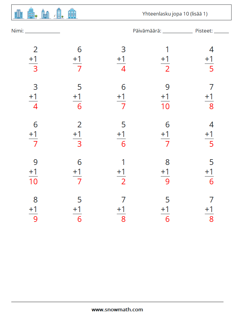 (25) Yhteenlasku jopa 10 (lisää 1) Matematiikan laskentataulukot 7 Kysymys, vastaus