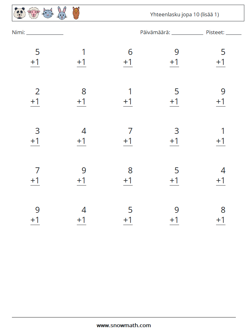 (25) Yhteenlasku jopa 10 (lisää 1) Matematiikan laskentataulukot 8