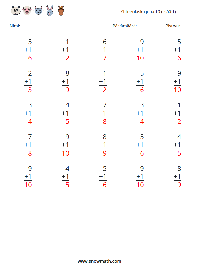 (25) Yhteenlasku jopa 10 (lisää 1) Matematiikan laskentataulukot 8 Kysymys, vastaus