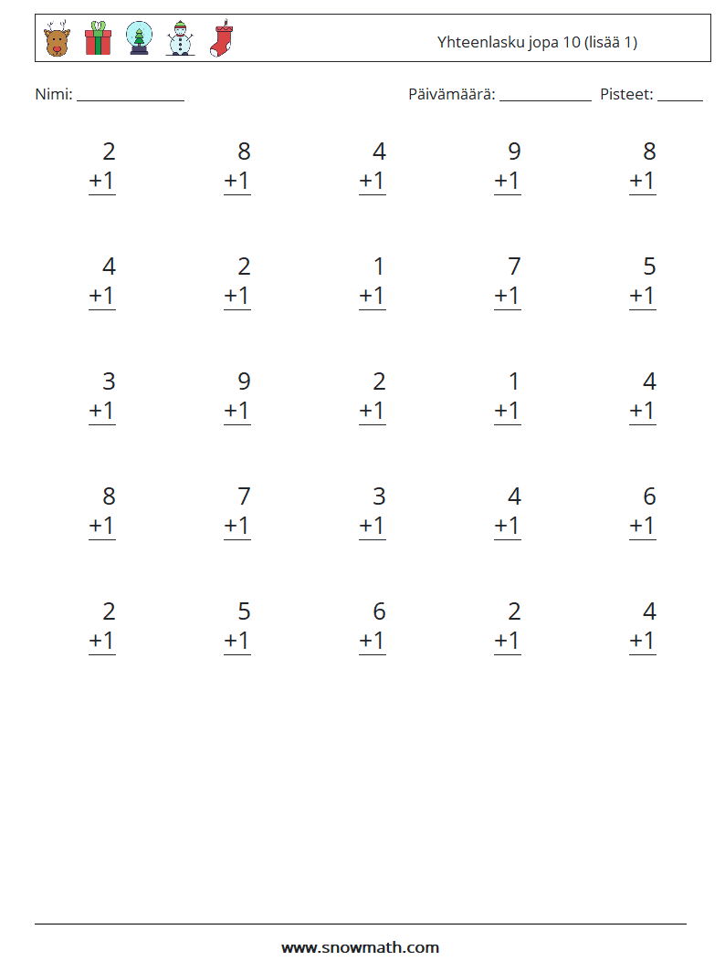 (25) Yhteenlasku jopa 10 (lisää 1) Matematiikan laskentataulukot 9