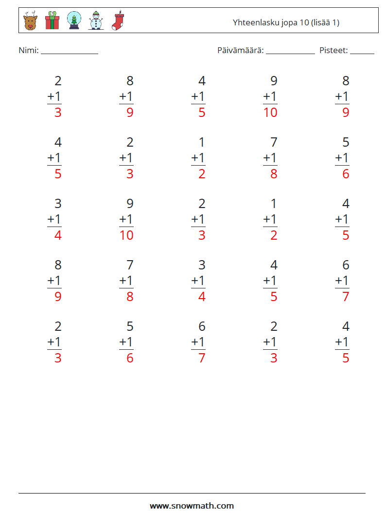 (25) Yhteenlasku jopa 10 (lisää 1) Matematiikan laskentataulukot 9 Kysymys, vastaus