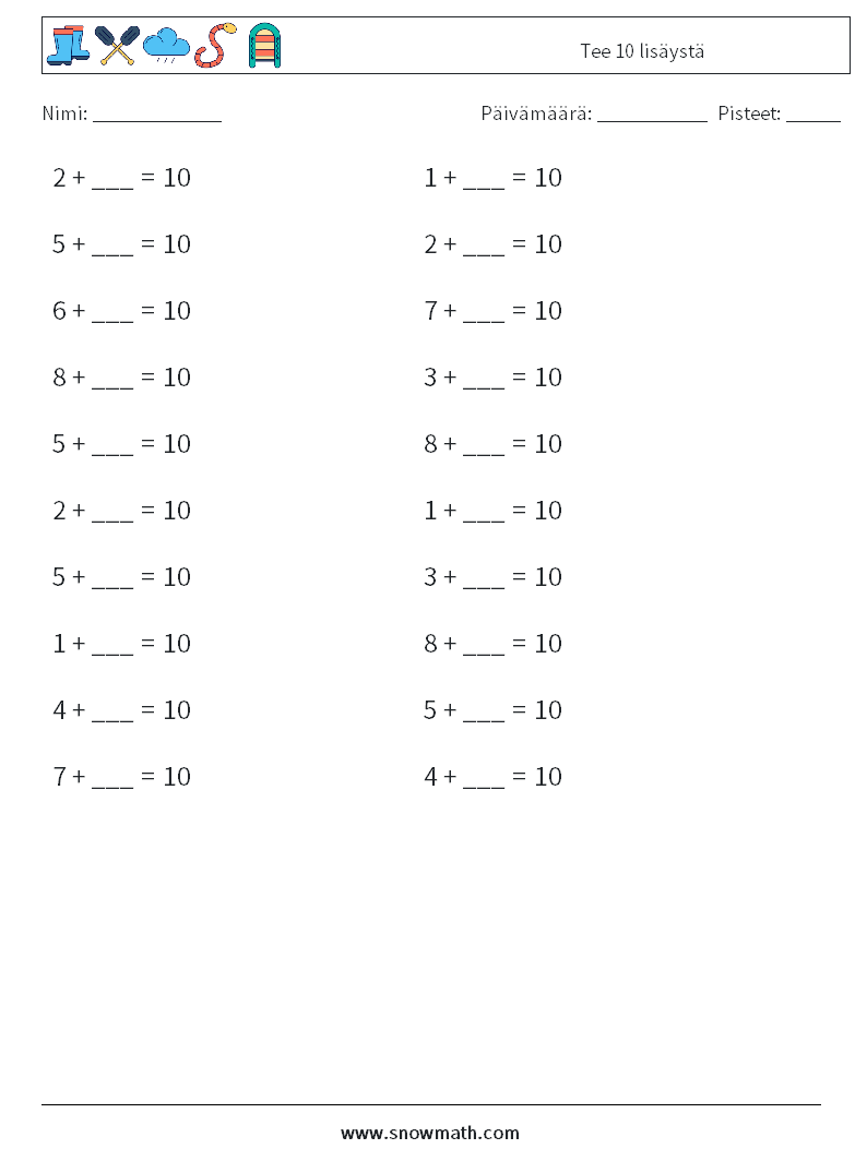 (20) Tee 10 lisäystä Matematiikan laskentataulukot 1