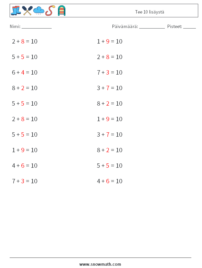 (20) Tee 10 lisäystä Matematiikan laskentataulukot 1 Kysymys, vastaus