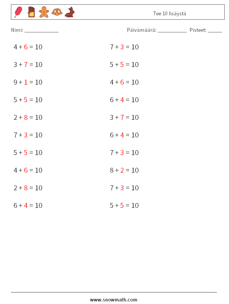 (20) Tee 10 lisäystä Matematiikan laskentataulukot 2 Kysymys, vastaus