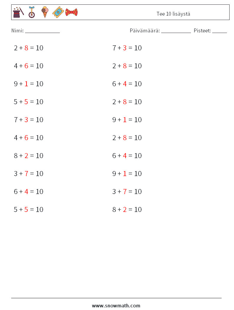 (20) Tee 10 lisäystä Matematiikan laskentataulukot 6 Kysymys, vastaus