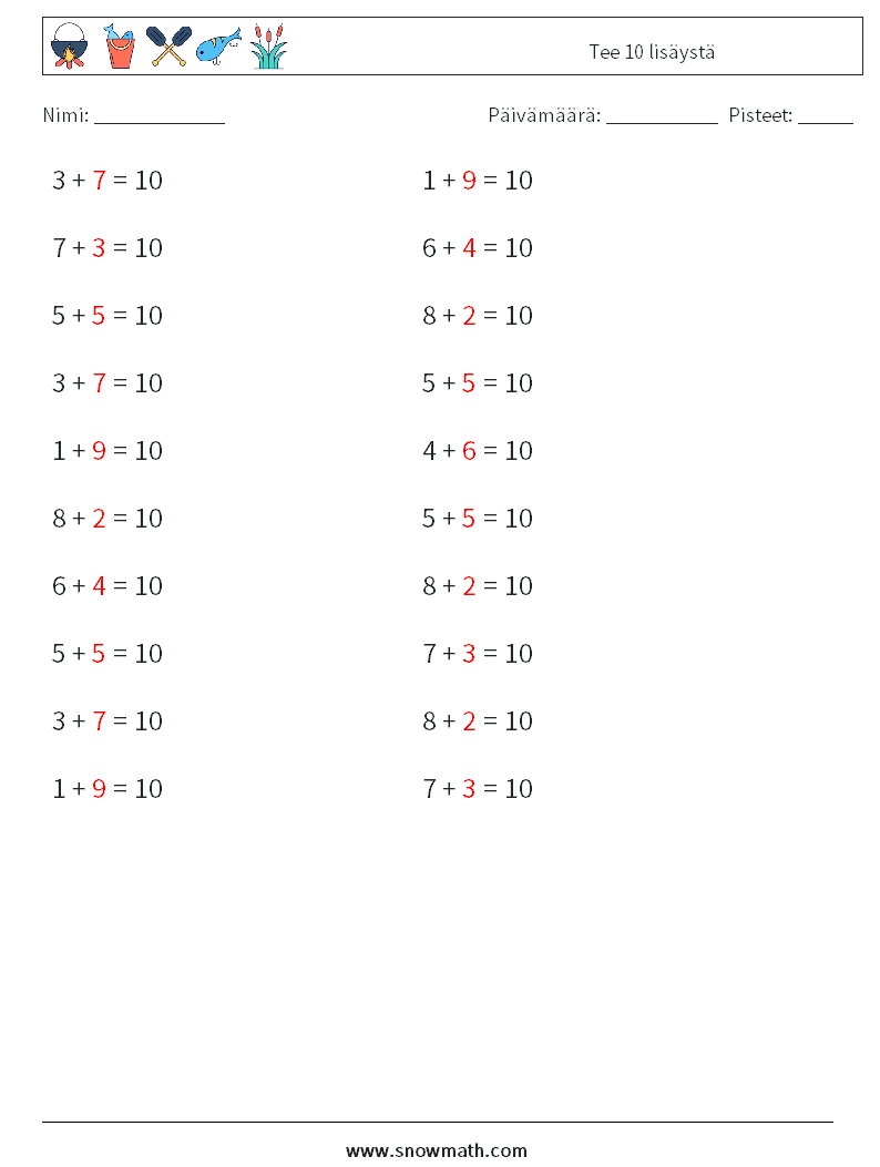 (20) Tee 10 lisäystä Matematiikan laskentataulukot 8 Kysymys, vastaus
