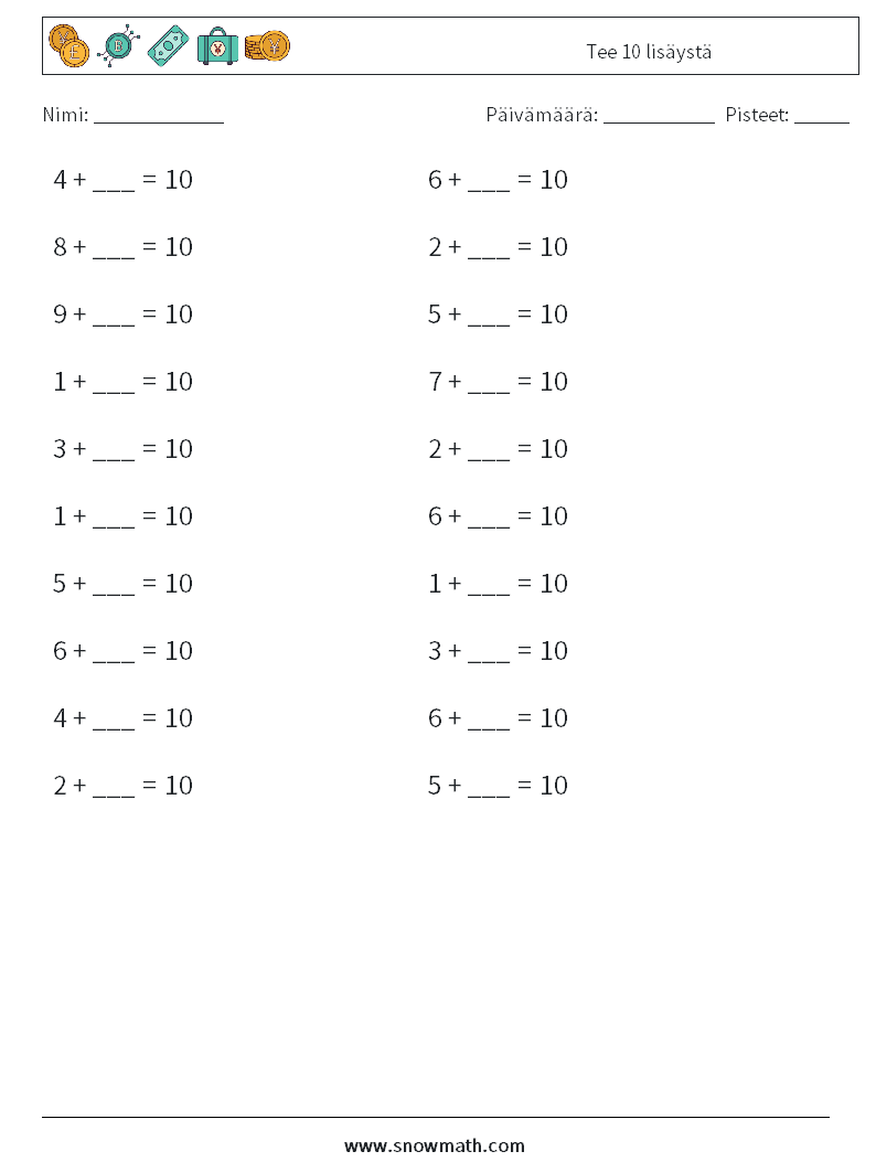 (20) Tee 10 lisäystä Matematiikan laskentataulukot 9