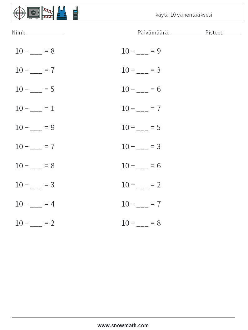 (20) käytä 10 vähentääksesi Matematiikan laskentataulukot 1