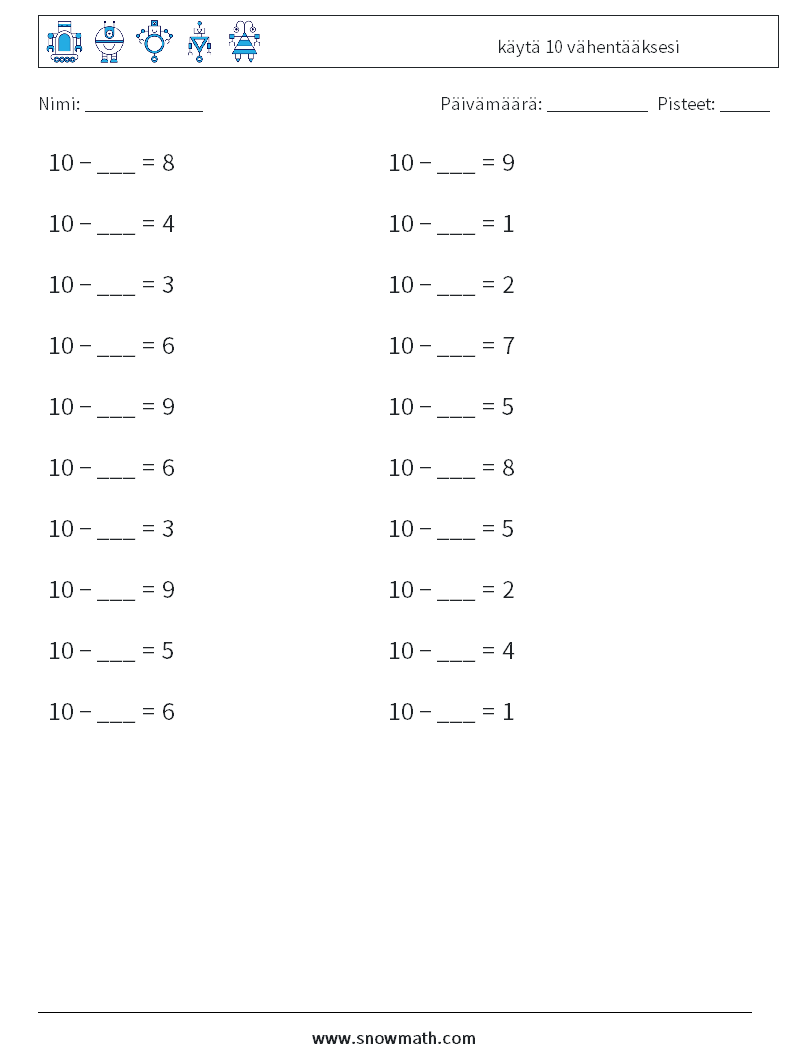 (20) käytä 10 vähentääksesi Matematiikan laskentataulukot 2