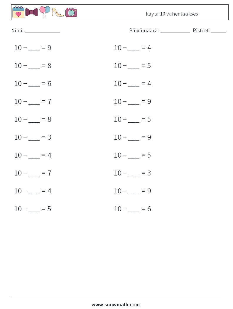 (20) käytä 10 vähentääksesi Matematiikan laskentataulukot 3