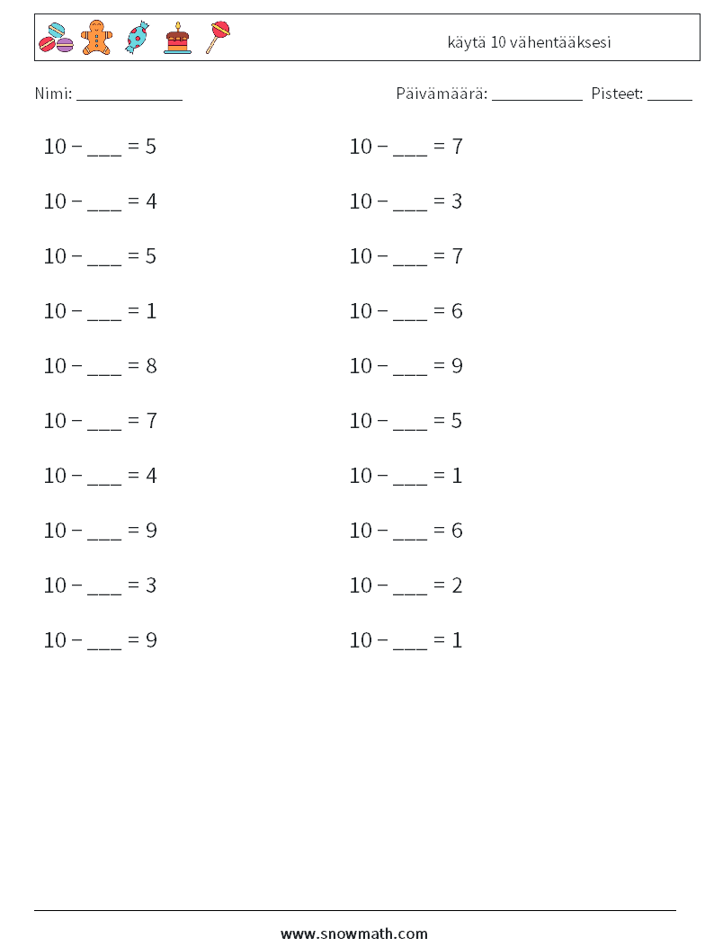 (20) käytä 10 vähentääksesi Matematiikan laskentataulukot 5