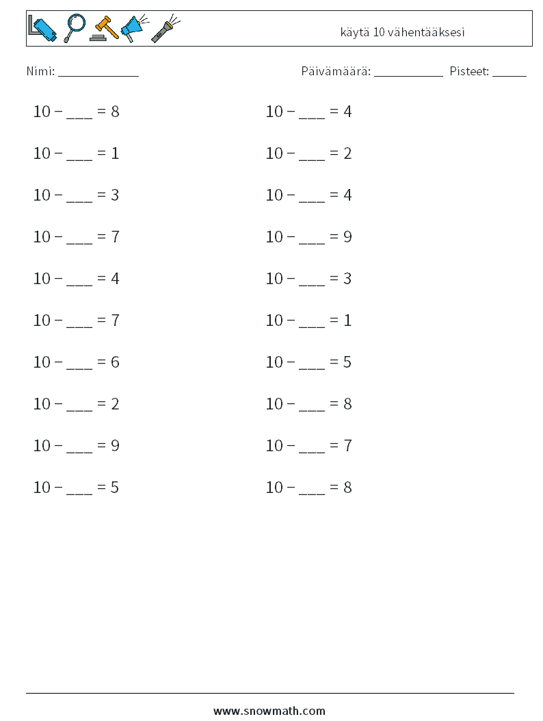 (20) käytä 10 vähentääksesi Matematiikan laskentataulukot 6