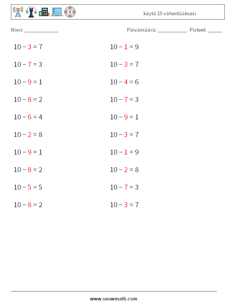 (20) käytä 10 vähentääksesi Matematiikan laskentataulukot 7 Kysymys, vastaus