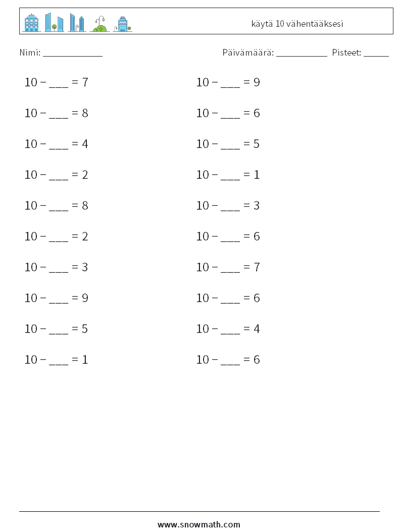 (20) käytä 10 vähentääksesi Matematiikan laskentataulukot 8