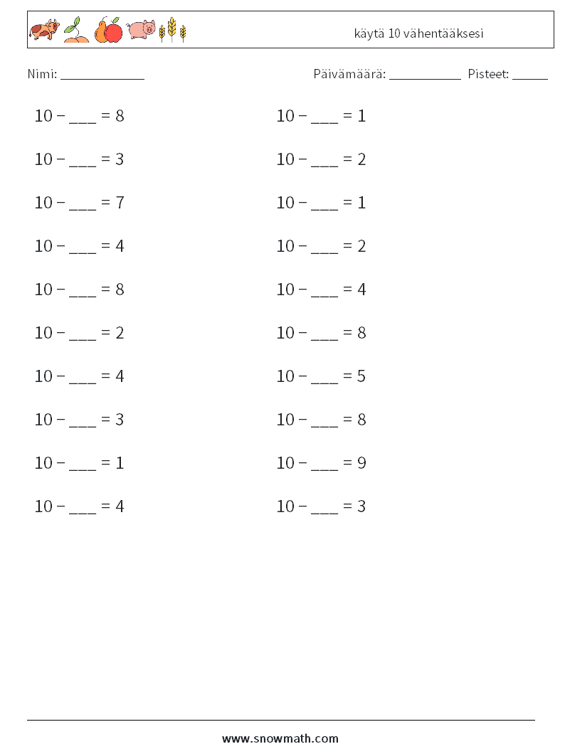 (20) käytä 10 vähentääksesi Matematiikan laskentataulukot 9