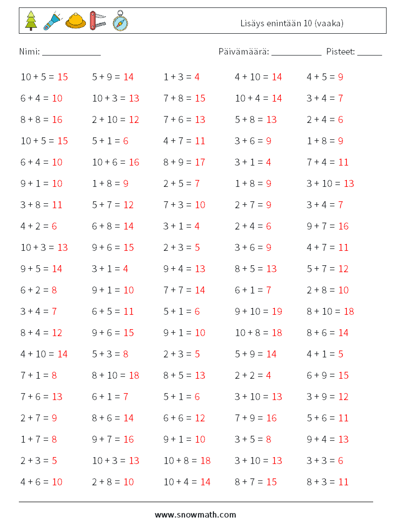 (100) Lisäys enintään 10 (vaaka) Matematiikan laskentataulukot 1 Kysymys, vastaus