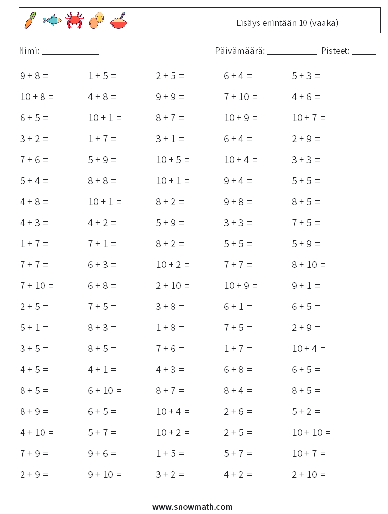 (100) Lisäys enintään 10 (vaaka) Matematiikan laskentataulukot 2