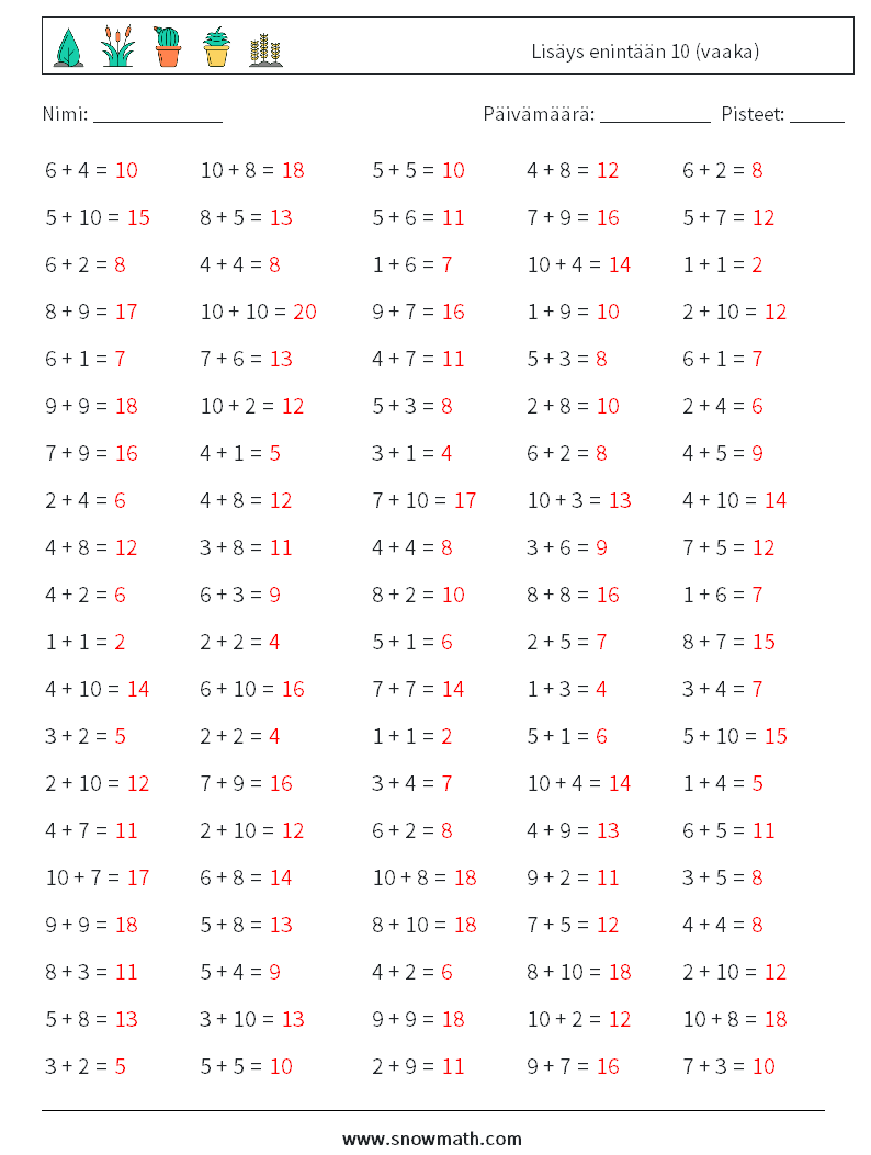 (100) Lisäys enintään 10 (vaaka) Matematiikan laskentataulukot 3 Kysymys, vastaus