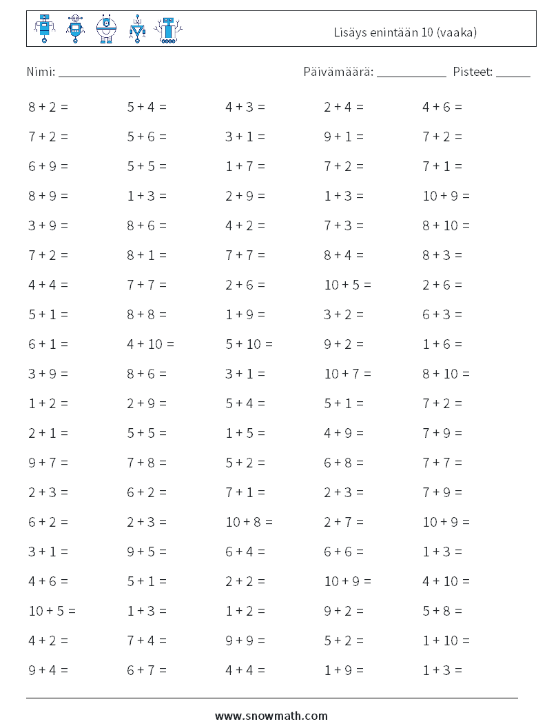 (100) Lisäys enintään 10 (vaaka) Matematiikan laskentataulukot 4