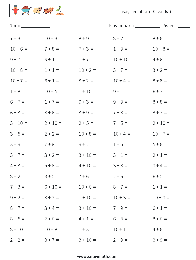 (100) Lisäys enintään 10 (vaaka) Matematiikan laskentataulukot 5