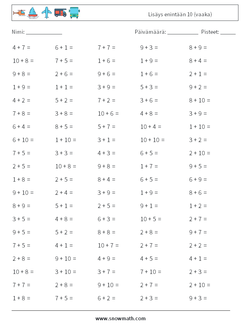 (100) Lisäys enintään 10 (vaaka) Matematiikan laskentataulukot 7