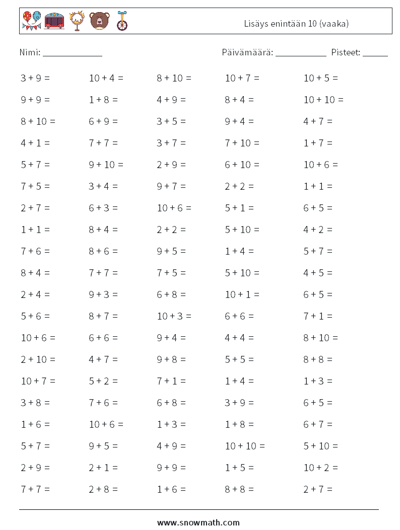 (100) Lisäys enintään 10 (vaaka) Matematiikan laskentataulukot 8