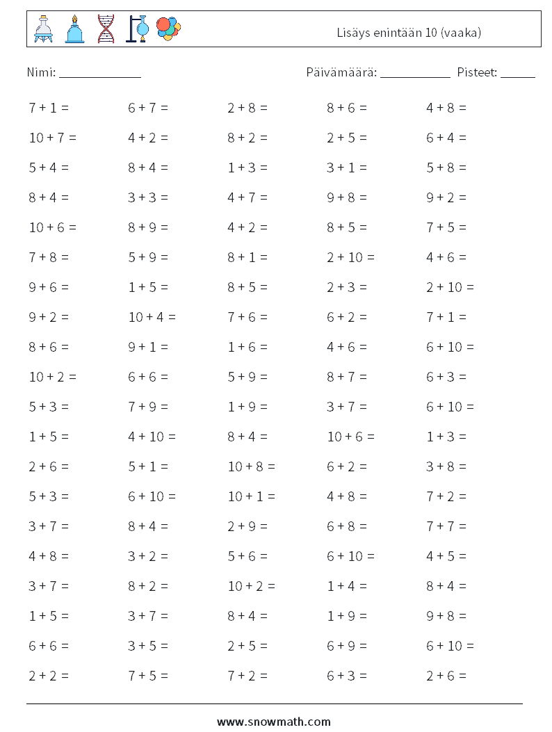 (100) Lisäys enintään 10 (vaaka) Matematiikan laskentataulukot 9