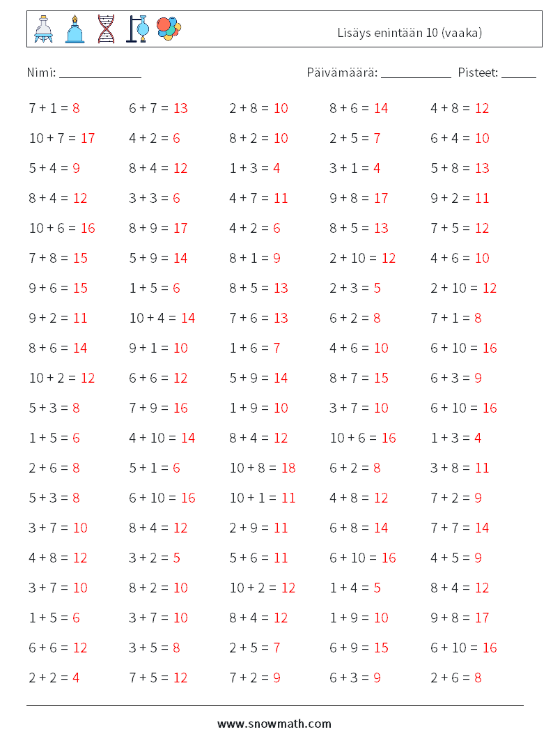 (100) Lisäys enintään 10 (vaaka) Matematiikan laskentataulukot 9 Kysymys, vastaus