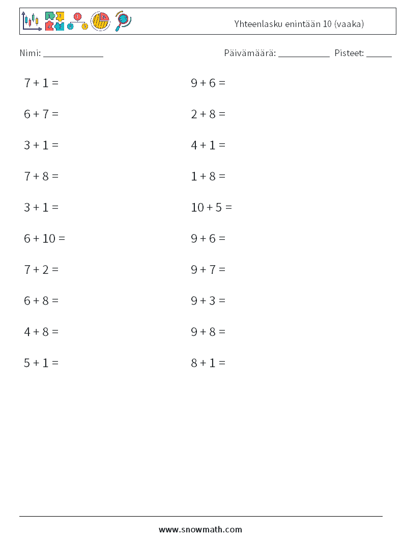 (20) Yhteenlasku enintään 10 (vaaka) Matematiikan laskentataulukot 1