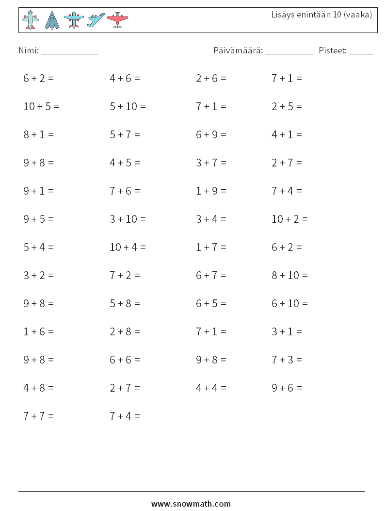 (50) Lisäys enintään 10 (vaaka) Matematiikan laskentataulukot 1