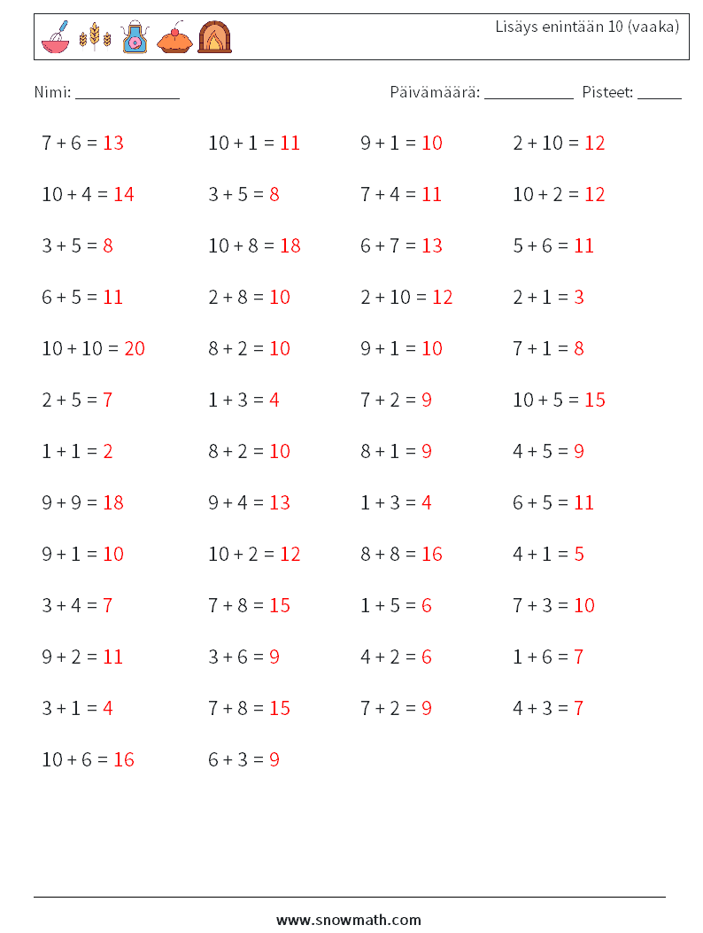 (50) Lisäys enintään 10 (vaaka) Matematiikan laskentataulukot 2 Kysymys, vastaus