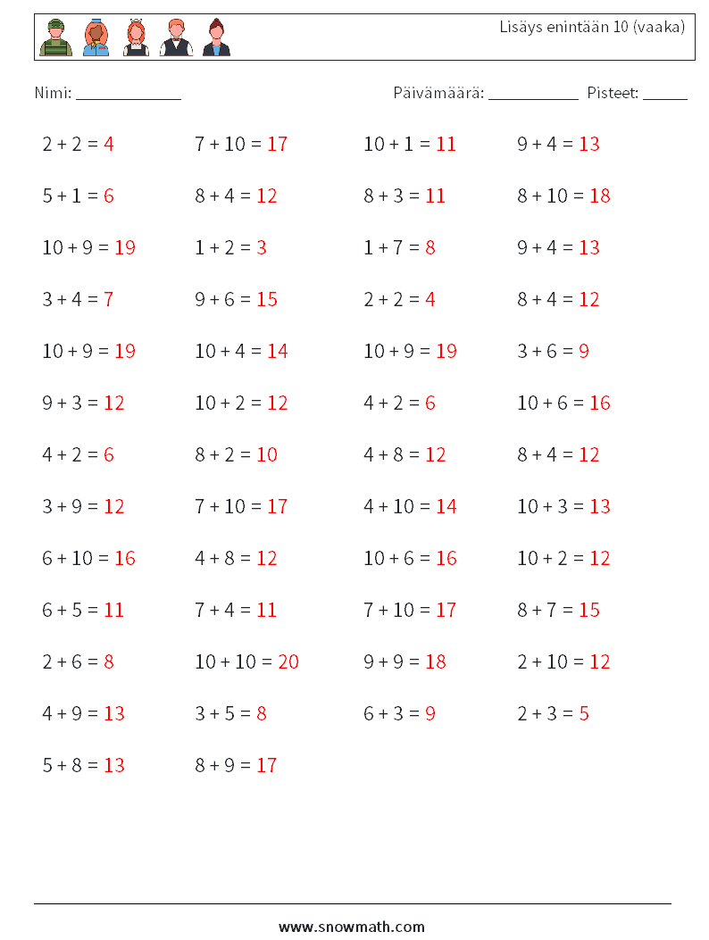 (50) Lisäys enintään 10 (vaaka) Matematiikan laskentataulukot 3 Kysymys, vastaus
