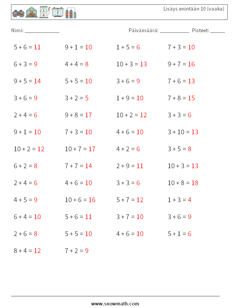 (50) Lisäys enintään 10 (vaaka) Matematiikan laskentataulukot 4 Kysymys, vastaus