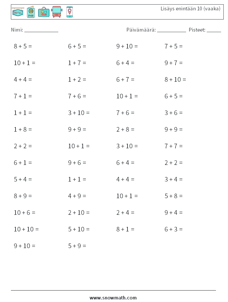 (50) Lisäys enintään 10 (vaaka) Matematiikan laskentataulukot 5