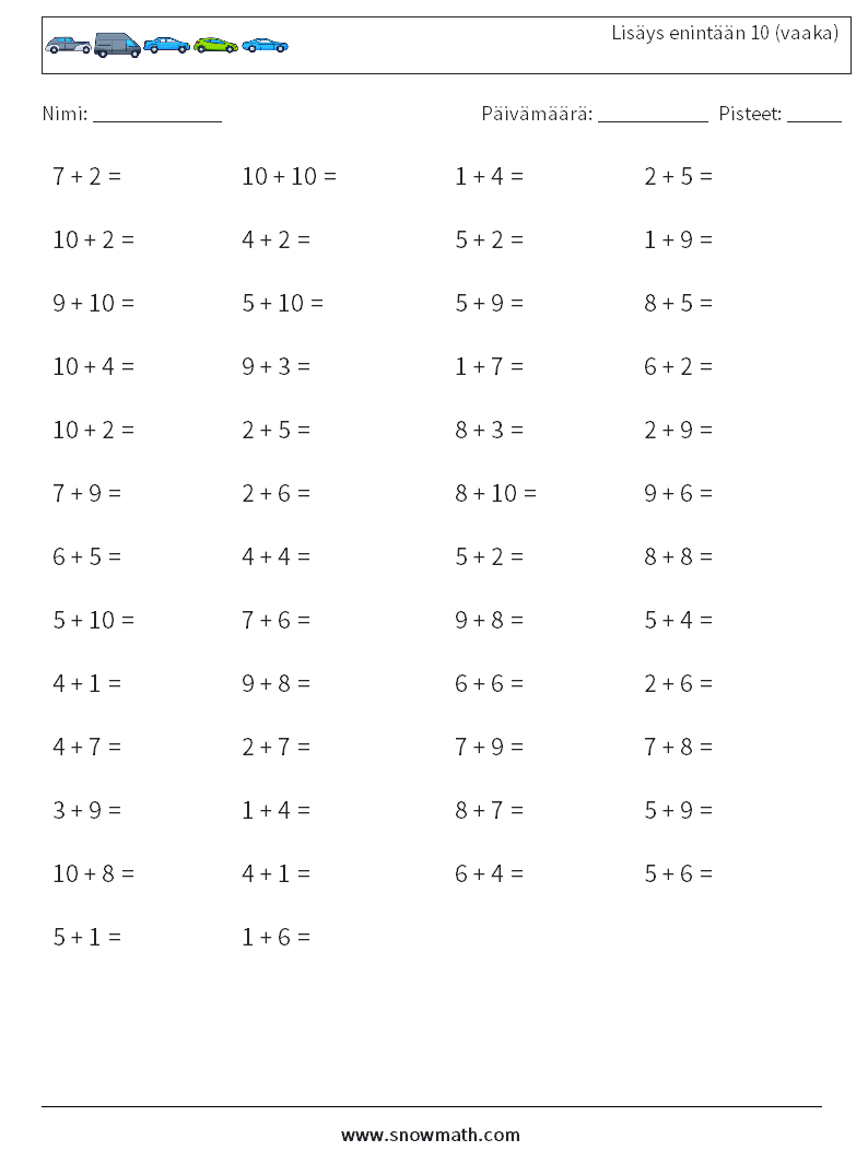 (50) Lisäys enintään 10 (vaaka) Matematiikan laskentataulukot 6